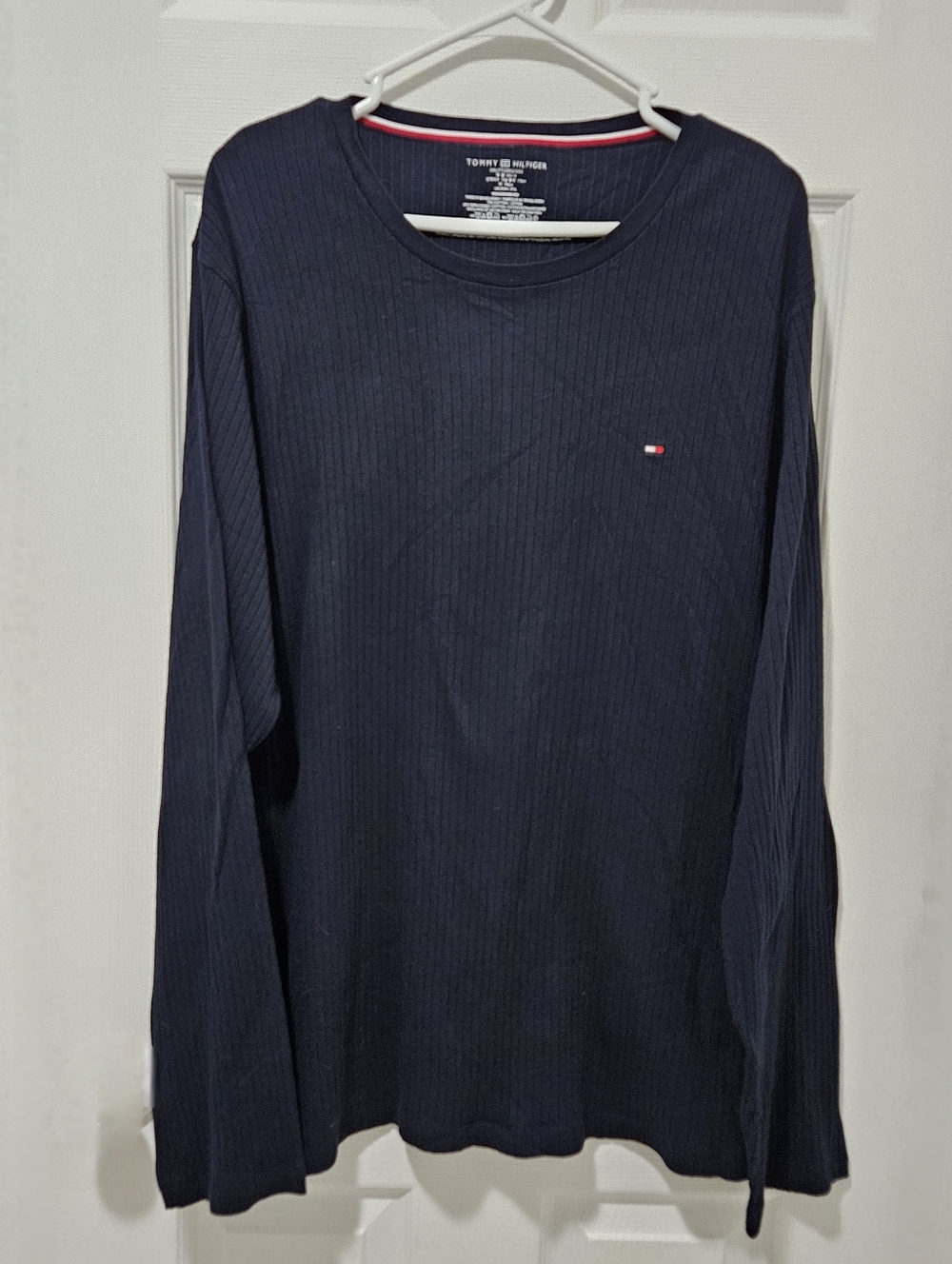 Tommy Hilfiger Navy Ribbed Long-Sleeve Crew Shirt with Flag Logo